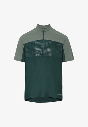 Grünes Kurzarm-Radtrikot mit Viertelreißverschluss, hohem Kragen und gestreiftem, strukturiertem Einsatz über der Brust.