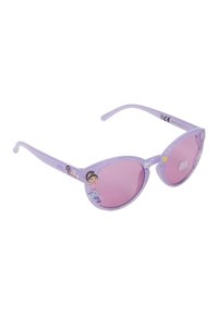 Purple cat-eye sunglasses with pink lenses, textured arms, and colorful character decals on the frame. CE marking present.