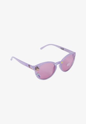 Occhiali da sole cat-eye viola con lenti rosa, bracci texturizzati e decorazioni colorate di personaggi sulla montatura. Marcatura CE presente.