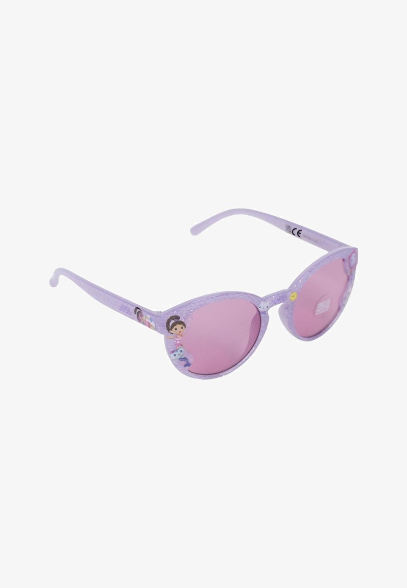 Purple cat-eye sunglasses with pink lenses, textured arms, and colorful character decals on the frame. CE marking present.