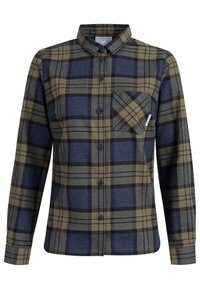 Rutig flanellskjorta i mörkblått och olivgrönt, med tryckknappar framtill, långa ärmar och en bröstficka med ett diagonalt mönster.