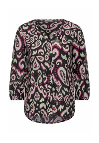 Schwarze Bluse mit V-Ausschnitt, die ein buntes abstraktes Paisleymuster in Rosa und Grün zeigt. Dreiviertelärmel und eine lässige Passform.