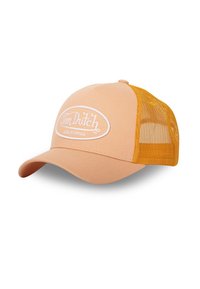 Peach baseball cap with a curved brim, mesh panels in orange, and white "Von Dutch California" logo stitched on the front.