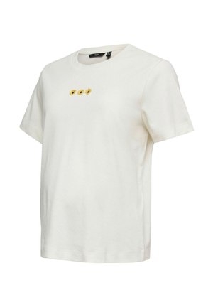 Hvid T-shirt med korte ærmer, rund hals og tre små solsikke-prints centreret på brystet.