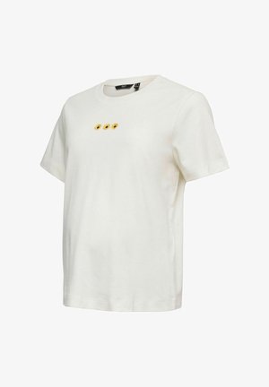 T-shirt blanc à manches courtes avec un col rond et trois petits imprimés tournesol centrés sur la poitrine.