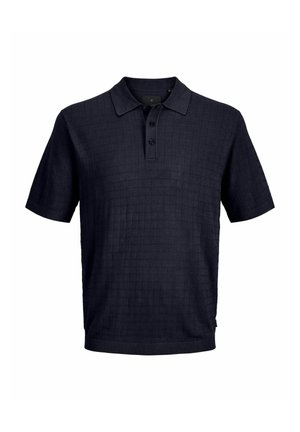 Polo blu navy a maniche corte con delicato motivo a quadri, patta con tre bottoni e collo e maniche a coste.