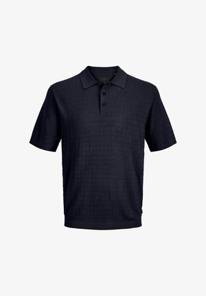 Marineblaues kurzärmeliges Poloshirt mit dezentem Karomuster, dreiknöpfiger Knopfleiste und geripptem Kragen und Ärmeln.