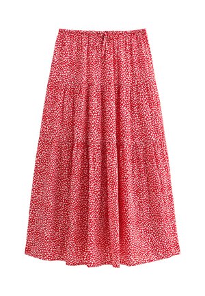 Roter Rock mit floralem Muster und weißen Akzenten, gerafftem Taillenbund, schichtweisem Design und leichtem Stoff.