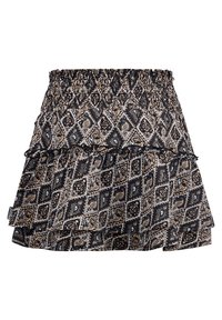 Gonna a fantasia nera e beige con vita arricciata, caratterizzata da rouches a strati, disegni paisley intricati e una texture di tessuto leggera.
