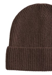 Brown ribbed knit beanie made from thick wool, featuring a folded cuff and a textured surface. Smooth finish with even stitching.