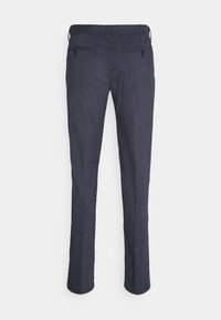 Pantaloni a quadri blu navy con taglio dritto, realizzati in tessuto leggero. Presentano passanti per la cintura e due tasche frontali con cerniere.