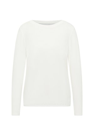 Camiseta blanca de manga larga con cuello redondo. Textura suave, corte regular y dobladillo recto. Sin patrones o acentos visibles.