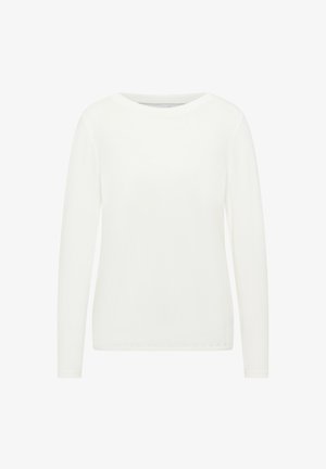 Weißes Langarmoberteil mit Rundhalsausschnitt. Glatte Textur, normale Passform und gerader Saum. Keine sichtbaren Muster oder Akzente.