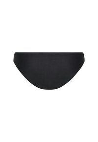 Μαύρο άνευ ραφών μπικίνι κάτω μέρος με χαμηλή μέση και λείο, μονόχρωμο σχέδιο σε λευκό φόντο.