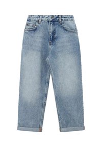 Jeans en denim bleu clair avec une coupe droite. Comprend cinq poches, une fermeture à boutons et des ourlets retroussés. Fini usé et décoloré.