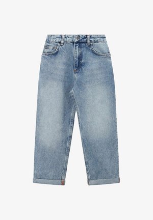 Jeans en denim bleu clair avec une coupe droite. Comprend cinq poches, une fermeture à boutons et des ourlets retroussés. Fini usé et décoloré.
