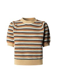 Krátký pletený svetr s krátkými rukávy s vodorovnými pruhy v béžové, hnědé, oranžové, bílé a zelené barvě, s vroubkovaným výstřihem a manžetami.