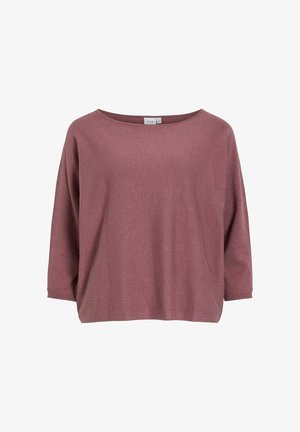 Mauve løstsiddende sweater med bred rund halsudskæring og trekvartlange ærmer, lavet af blødt strikstof.
