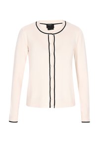 Helle rosa Strickjacke mit langen Ärmeln, schwarzem Besatz entlang des runden Ausschnitts und der Knopfleiste, ausgestattet mit kleinen runden Knöpfen und gerippten Bündchen.