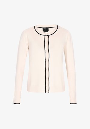 Cardigan rosa chiaro con maniche lunghe, bordi neri lungo il collo rotondo e la pattina dei bottoni, con piccoli bottoni rotondi e polsini a costine.