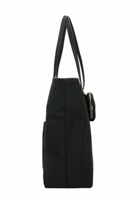 Zwarte tote bag gemaakt van gestructureerd materiaal, met dubbele handgrepen en een ritsvak aan de zijkant voor extra opbergruimte.