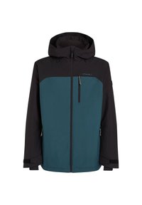 Chaqueta de hombre con un cuerpo en verde azulado y mangas negras, con capucha, bolsillos con cremallera y puños ajustables. Fabricada con material duradero y resistente al agua.