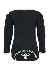 Zwarte lange mouwen shirt met witte accenten. Heeft een ronde halsuitsnijding en de tekst "KLEINE BIJ MET KARAKTER" op de rug. Zachte stofstructuur.