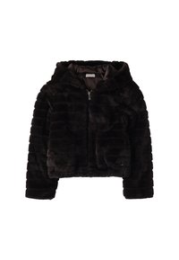Giacca corta in pelliccia sintetica nera con cappuccio, maniche lunghe e chiusura frontale con zip, presentata su uno sfondo bianco.
