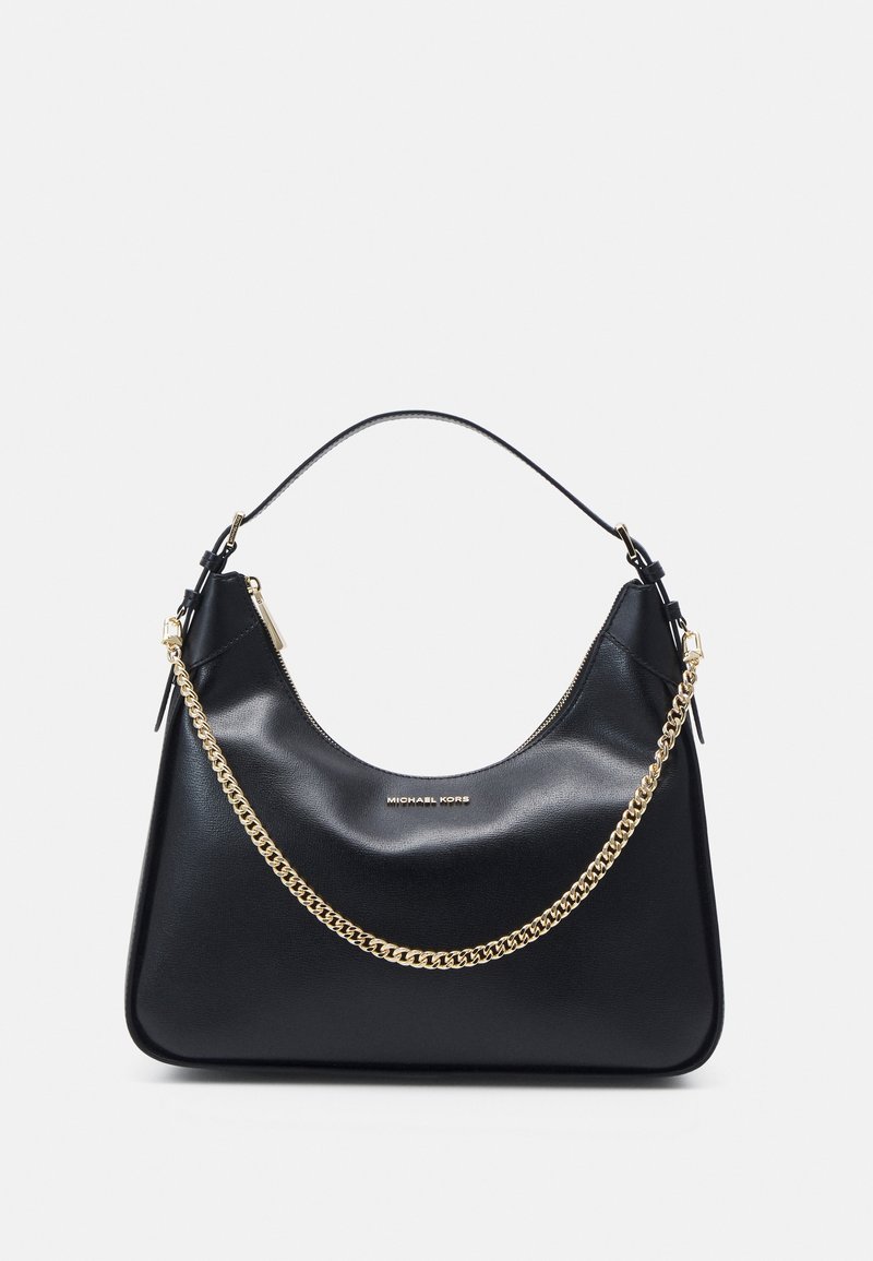 Sac à main en cuir noir avec chaîne dorée et fermeture éclair, poignée courte en cuir, et logo « Michael Kors » au centre avant.