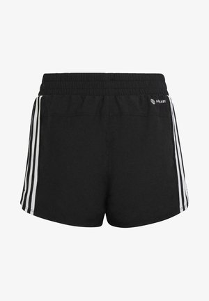 Pantalones cortos deportivos negros con cintura elástica, que presentan tres rayas verticales blancas a ambos lados y un pequeño logo en la esquina superior.