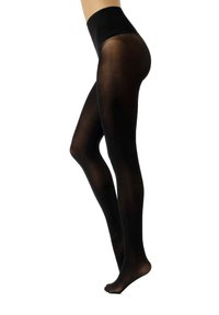 Collant neri opachi con vita alta, realizzati in materiale elasticizzato. Texture liscia, design aderente e copertura full-length fino alle dita dei piedi.