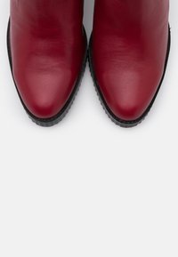 Rote Leder-Stiefeletten mit spitzer Zehenpartie, strukturiertem Obermaterial und kontrastierender schwarzer Gummisohle. Elegantes Design mit minimalen Details.