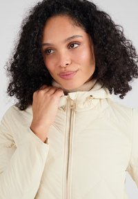 Chaqueta acolchada de color beige claro con cuello alto, cierre de cremallera y cremallera dorada. Presenta una textura suave y un sutil patrón de costura diagonal.