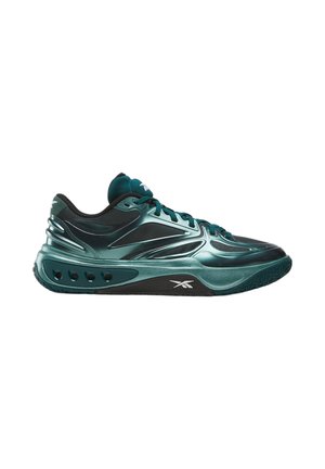 Dark teal athletic sneaker with black mesh, glossy overlays, lace-up closure, and vented sole featuring a white Reebok logo.