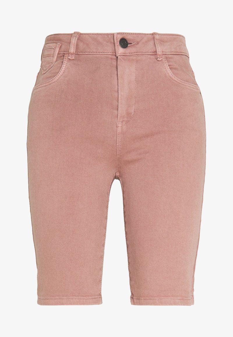 Short en denim rose poudré taille haute, avec bouton et fermeture éclair à l'avant, passants pour ceinture et poches avant et arrière.