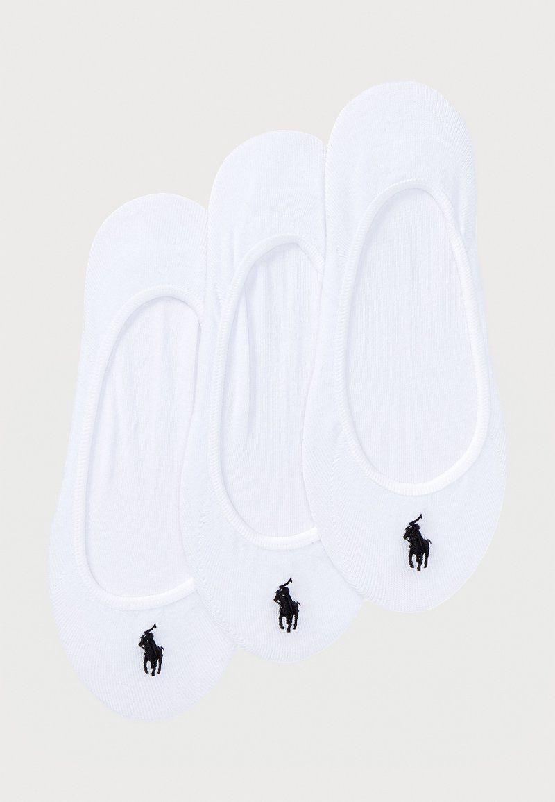 White cotton no-show socks, featuring a black embroidered logo of a horse and rider at the toe. Smooth texture, minimalistic design.