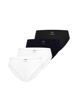 Quattro paia di slip classici in bianco, blu navy e nero, disposti in una fila sfalsata su sfondo bianco.