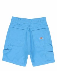 Pantaloncini cargo blu in cotone, con due tasche posteriori e una tasca laterale, con un'etichetta logo cucita sulla tasca posteriore destra.