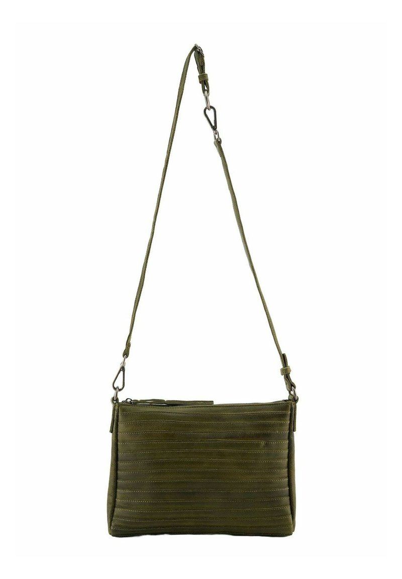 Sac bandoulière olive en matériau texturé, avec des coutures horizontales, une fermeture éclair et une bandoulière ajustable.