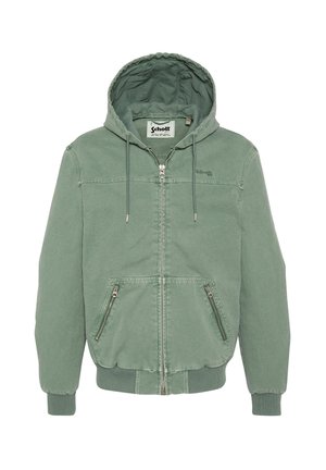 Zielona bluza z kapturem na suwak z troczkami, ściągaczami na mankietach i u dołu, dwoma przednimi kieszeniami na suwak oraz widoczną metką marki wewnątrz kołnierza.