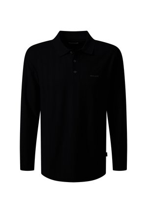 Schwarzes Langarm-Polohemd mit drei Knöpfen und kleinem "Pierre Cardin"-Logo auf der linken Brust.