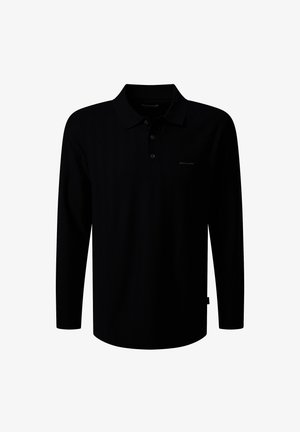 Schwarzes Langarm-Polohemd mit drei Knöpfen und kleinem "Pierre Cardin"-Logo auf der linken Brust.