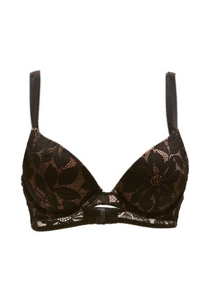 Svart spetsbehå med blommönster, byglar, justerbara axelremmar och framknäppning.