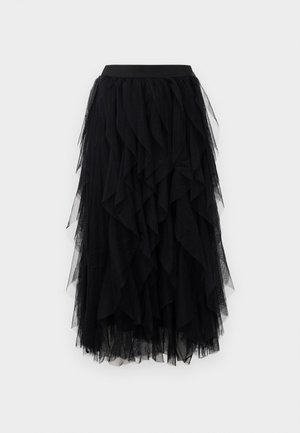 Jupe midi en tulle noir à plusieurs couches avec une taille ajustée et un ourlet asymétrique à volants.