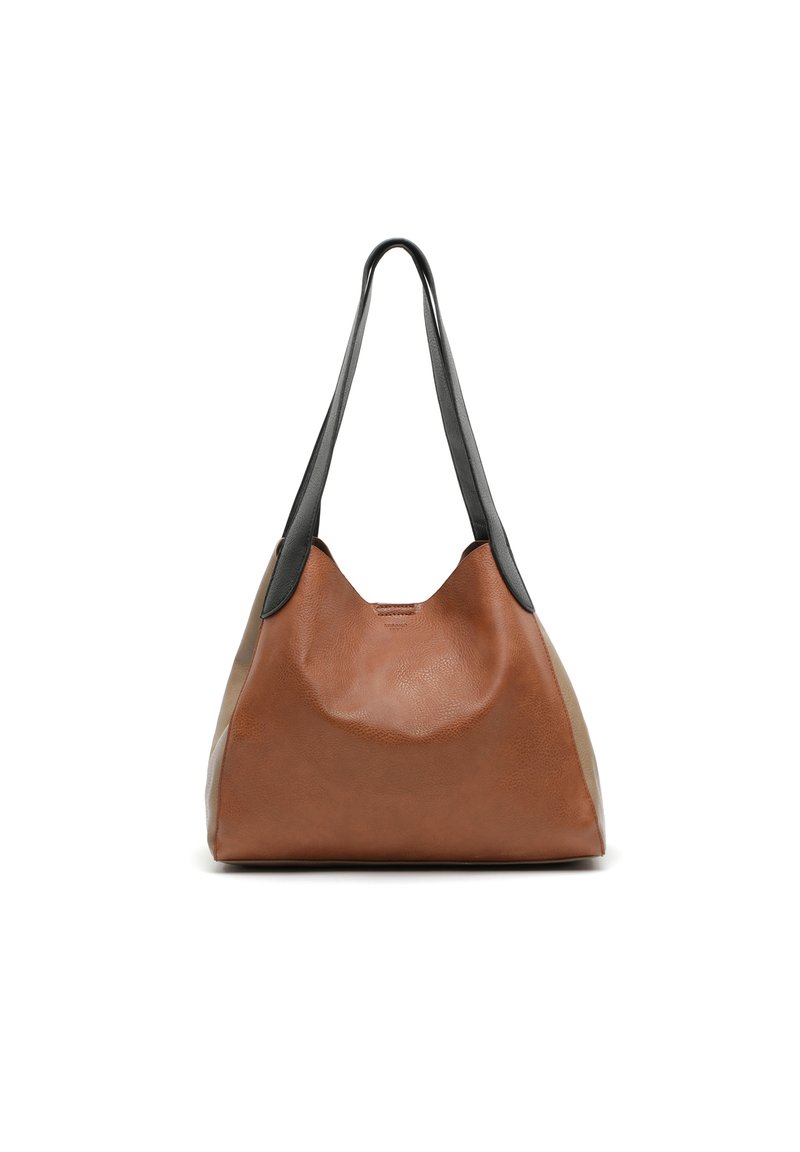 Borsa a mano in pelle marrone con una forma morbida, dotata di spallacci neri e una finitura testurizzata, con accenti lisci sui lati.
