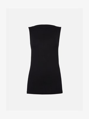 Top senza maniche nero realizzato in tessuto leggero. Presenta un colletto rotondo e una superficie liscia con una silhouette aderente.