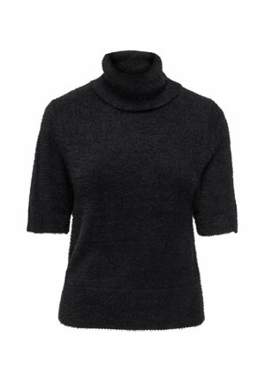 Zwarte short-sleeve turtleneck trui gemaakt van een zachte, gestructureerde stof. Heeft een aansluitende hals en een geribde zoom. Geen patronen of versieringen.