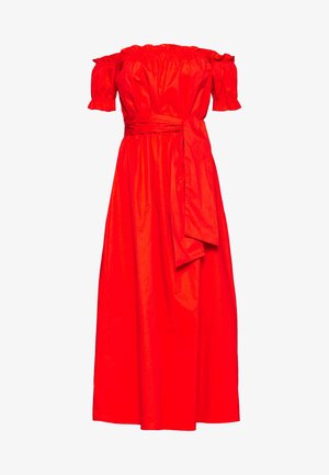 Czerwona maxi sukienka na ramiączkach z elastycznymi rękawami, związanym w pasie i zwiewną sylwetką. Wykonana z lekkiego, teksturowanego materiału.