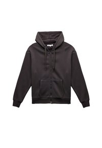 Donkergrijze hoodie met rits, met een voork pocket, trekkoorden en een zachte binnenvoering; heeft ribbels bij de mouwen en onderrand.