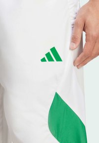 Bijele sportske hlače s zelenim akcentnim panelom i zelenim logotipom s tri pruge sa strane, izrađene od glatkog, laganog materijala.